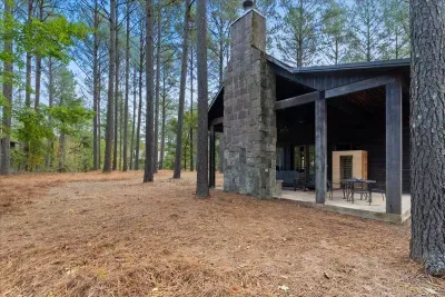 Exterior view highlighting the cabin’s craftsmanship and natural wood design.