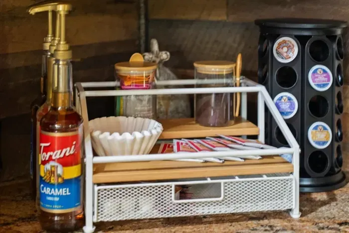 Coffee and tea bar stocked with everything you need to start your mornings right.