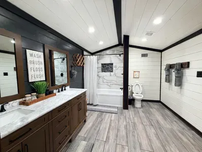 A spacious bathroom with double vanity that makes getting ready feel easy, even for larger groups