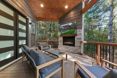 Outdoor lounge with fireplace and seating designed for comfort and warmth