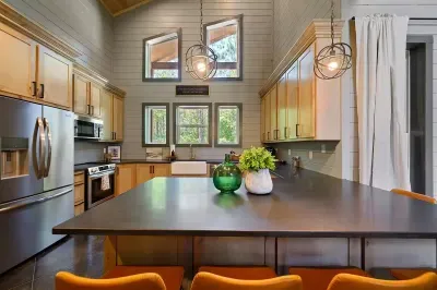Kitchen island with pendant lighting and seating