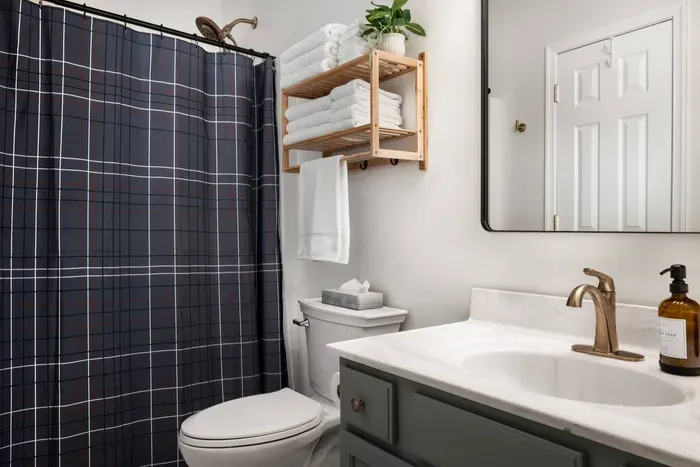 Stylish en-suite bathroom shared by the kids’ room and queen bedroom, featuring a standing shower with a removable shower head and elegant brass fixtures.