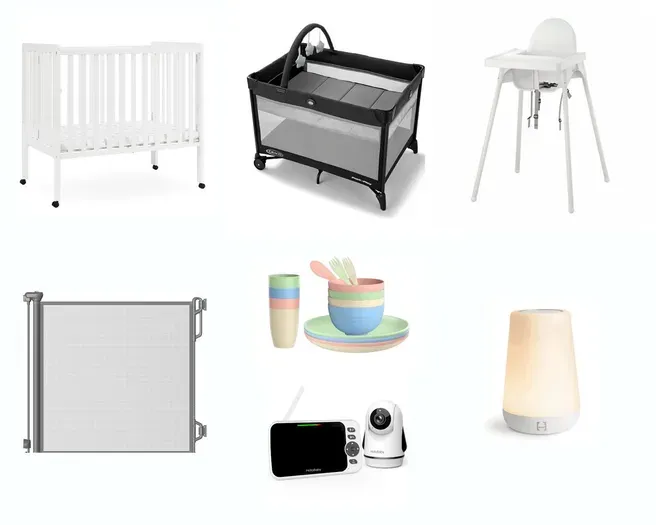 Baby and toddler must-haves: mini crib, pack & play with bassinet, high chair, baby gate, kid-friendly dishes, non-wifi baby monitor, and sound machine.