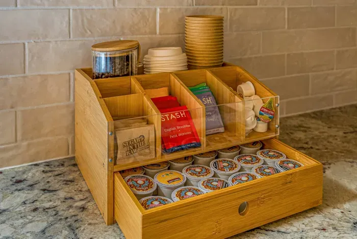 Enjoy complimentary coffee beans, assorted teas, Keurig pods, creamers, sugar, and to-go cups for your morning adventures.