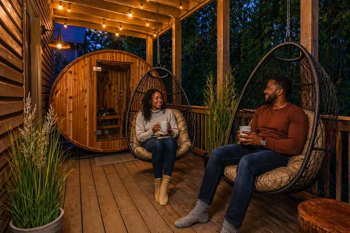 Private forest deck with sauna and hanging lounge chairs—ideal for quiet evenings outdoors.
