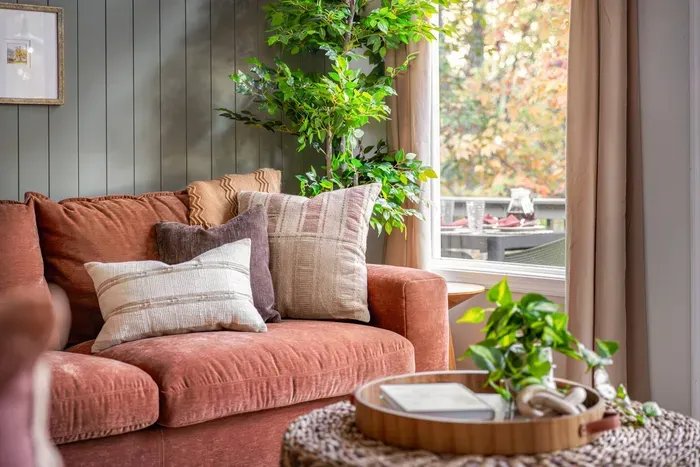 Elegant seating framed by natural light and greenery.