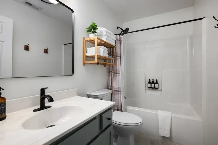 Full bathroom shared by the Woodland Suite and Bird Rooms, complete with a tub and removable shower head.
