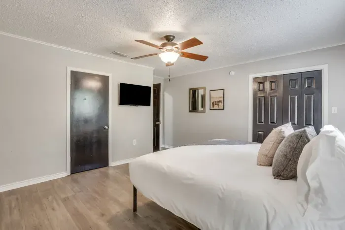 Every bedroom has its own smart TV and closet space.