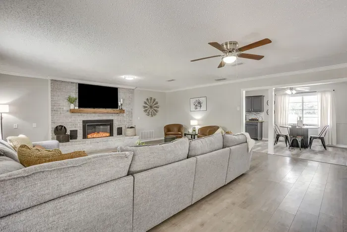 The sectional wraps the room with space for everyone to pile on.