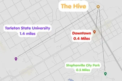 Perfectly located — 1.4 miles to Tarleton State University, 0.4 miles to Downtown Stephenville, and 0.5 miles to Stephenville City Park.