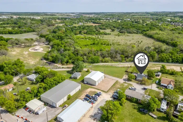 Aerial view showing The Hive's location — tucked in a quiet Stephenville neighborhood just minutes from Tarleton State and Downtown.