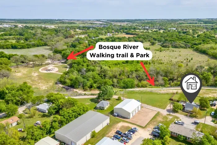 Aerial showing The Hive pinned directly next to the Bosque River Walking Trail & Park — a scenic trail right in your backyard.