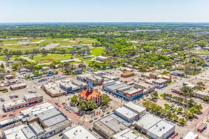 Aerial view of Stephenville showing The Hive's unbeatable location — walkable to downtown and just minutes from Tarleton State University.