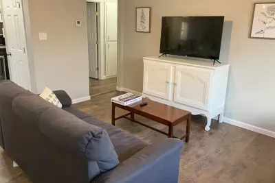 Another angle of the cozy living room with streaming capabilities and plenty of seating for your group