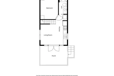 First-floor layout: bedroom, kitchen, living room, and porch