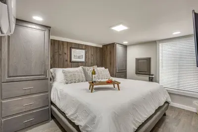 Restful king bedroom with built-in storage