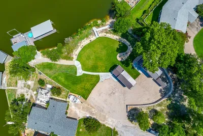 Overhead look at the lawn, dock, and waterfront layout