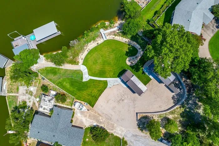 Overhead look at the lawn, dock, and waterfront layout