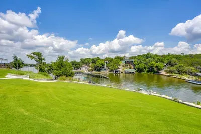 Endless green lawn rolling down to the open lake