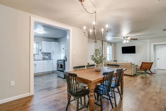 Dining area flows into kitchen and living room, great for entertaining