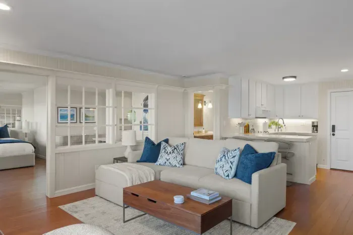 Open concept living space seamlessly connects the living room, kitchen and bedroom