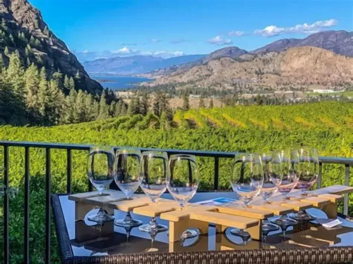 Vineyard-view patio dining with stunning lake and mountain scenery