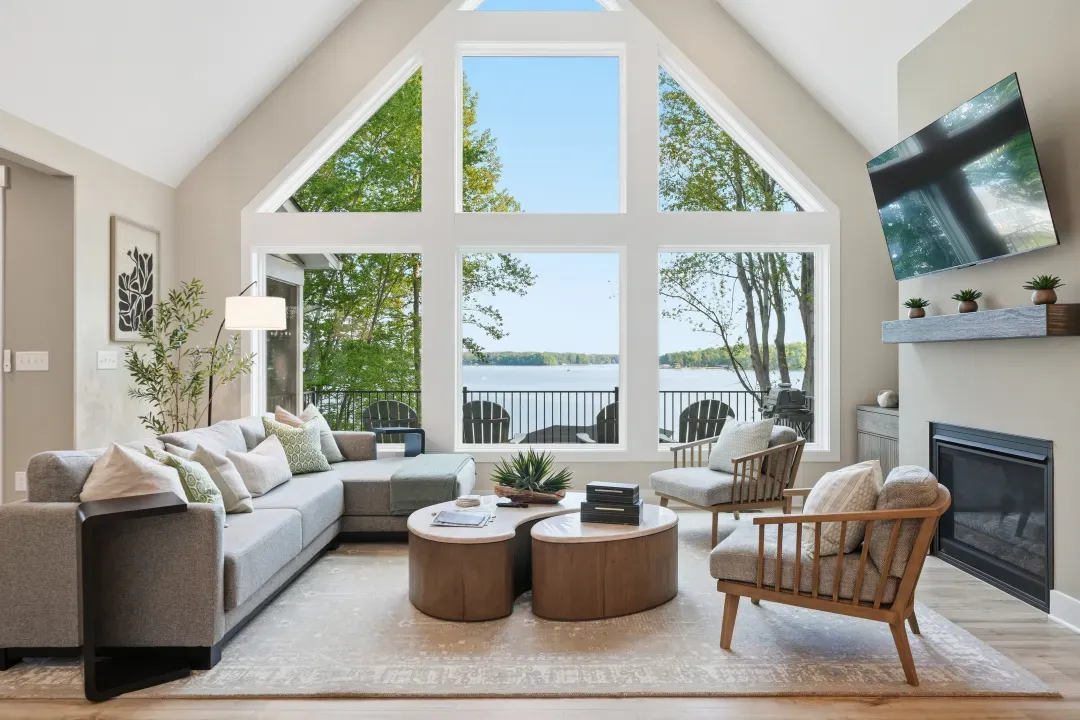 Cathedral great room with lake views