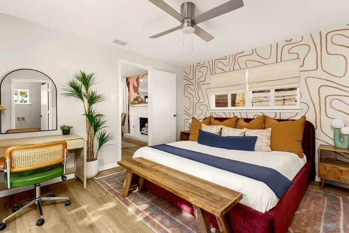 first floor king bedroom with dedicated workspace + ensuite bathroom
