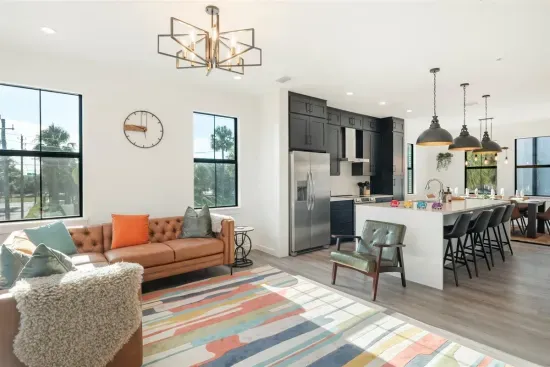 Living area with large seating area, TV, Kitchen