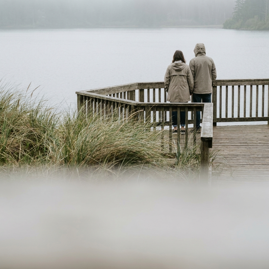 Couple on wooden dock overlooking misty lake