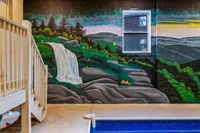 A blacklit Waterfall and Fireflies