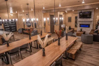 Elegant dual dining tables, seating 24, perfect for hosting large gatherings in style.