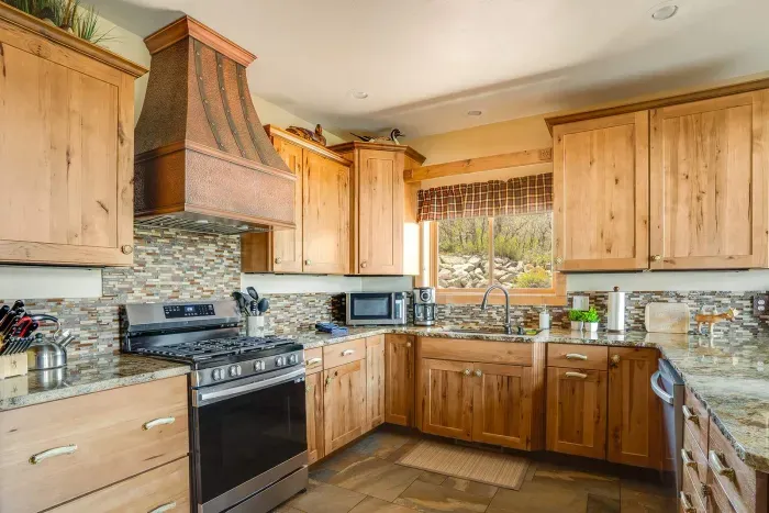 Fully stocked kitchen.