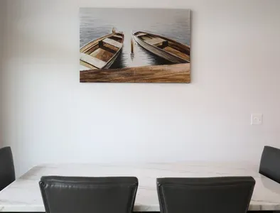 Dining for 6 with a beautiful marble table; 4 chairs and a bench. (UPSTAIRS)