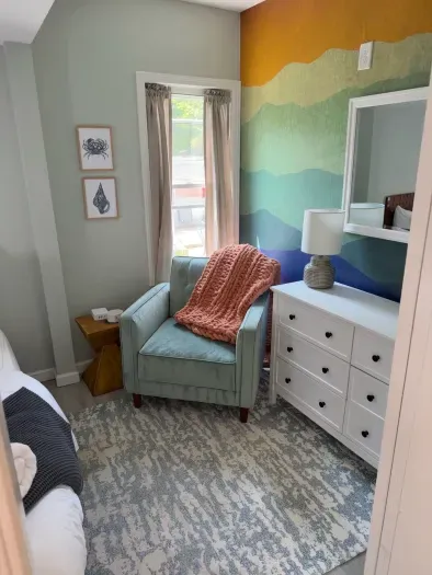 Mountain inspired bedroom with reading nook.