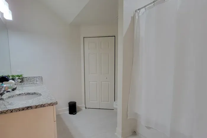 Downstairs bathroom with walk-in closet.
