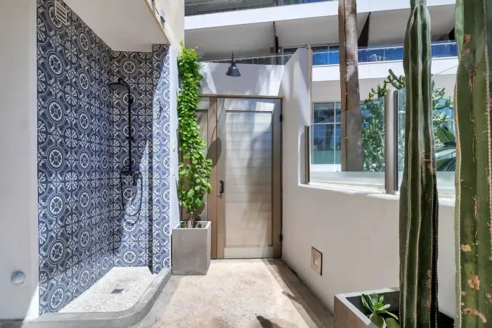 Beach access door with shower