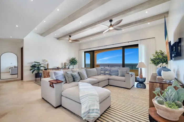 Living area with large ocean view patio.