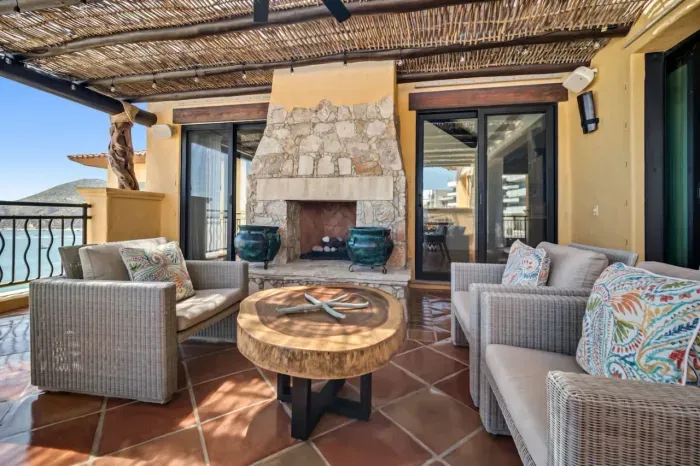 Oceanfront patio with fireplace