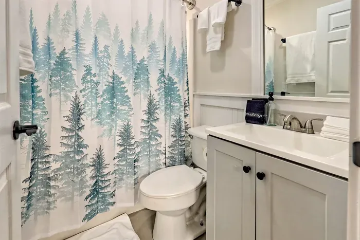 Conveniently located off the downstairs game room at Helen Waldhaus, this bathroom features a tub/shower combo, sink, and toilet—perfect for easy access during game nights or relaxing evenings.