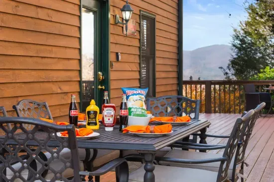 Gather around the table for an easy meal with the mountains in view.