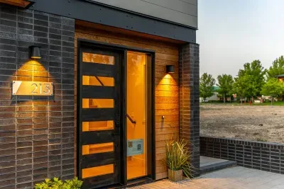 A tall soaring custom front door will welcome you to Millpointe Modern