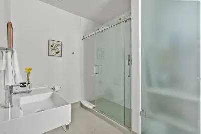 Even for a studio, no detail was spared. This bathroom is spacious, stunning, modern with clean lines. Linens and soaps provided.