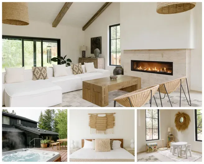 Bright designer retreat with fireplace, hot tub, and cozy family spaces