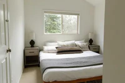 Bright, cozy bedroom with vaulted ceiling and serene tree-view window