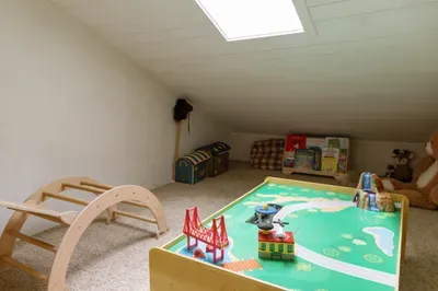 Cozy loft playroom with skylight, toys, books, and soft carpeted space