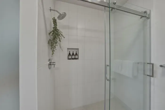 Bright glass walk-in shower with sleek finishes and spa-like style