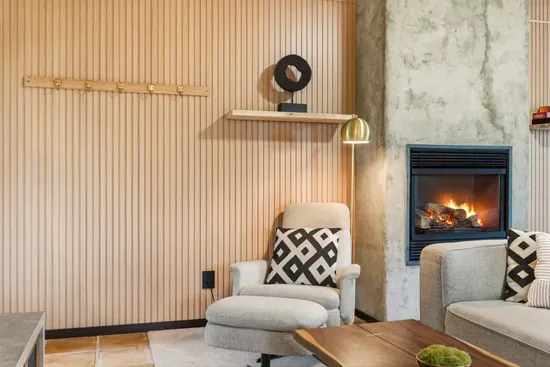 Cozy modern lounge with fireplace and stylish, comfortable seating