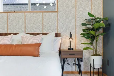 Stylish bedroom with patterned accent wall, warm lighting, and lush greenery
