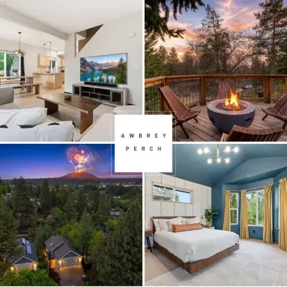 Modern woodland retreat with fire pit deck, bright interiors, and scenic views